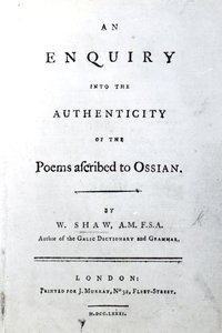 Titelpagina voor An enquiry into the authenticity of the poems ascribed to Ossian door William Shaw, gepubliceerd 1781