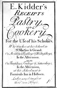 Titelpagina van E. Kidders Receipts of Pastry and Cookery, door Edward Kidder, gepubliceerd ca. 1730