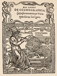 Titelpagina voor Twee Boeken over Kosmografie door Hieronymo Girana Tarragones, uit The Narrative and Critical History of America, bewerkt door Justin Winsor, Londen, 1886