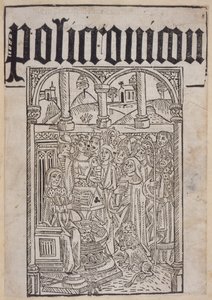 Titelpagina van de Polychronicon door Ranulf Higden, gedrukt door Wynkyn de Worde door English School