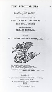 Titelpagina van The Bibliomania door Rev. Thomas Frognall Dibdin, gepubliceerd 1809 (gedrukt papier) door English School