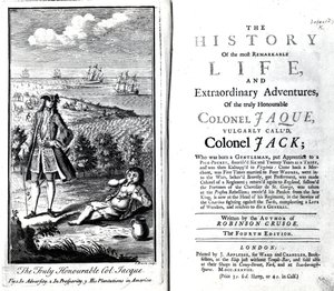 Titelpagina en Frontispice voor The History of the most Remarkable Life and Extraordinary Adventures of the truly Honourable Colonel Jaque door Daniel Defoe, 1738