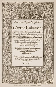 Titelpagina van Acts of Parliament, gedrukt door Christopher Barker, 1585