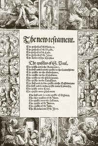 Titelpagina van William Tyndales Nieuwe Testament, gedrukt in de jaren 1530, uit The National and Domestic History of England door William Hickman Smith Aubrey (1858-1916) gepubliceerd in Londen, ca. 1890 door English School