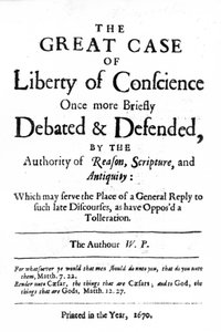 Titelpagina van The Great Case of Liberty of Conscience door William Penn, gepubliceerd in 1670 door English School