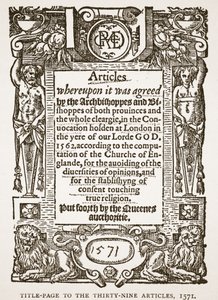 Titelpagina van de Negenendertig Artikelen, 1571, illustratie uit De Kerk van Engeland: Een Geschiedenis voor het Volk door H.D.M. Spence-Jones