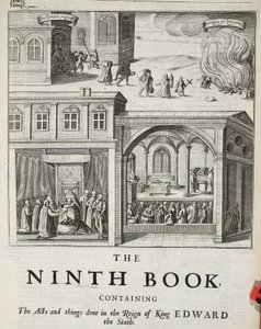 Titelpagina van het negende boek, illustratie uit Handelingen en Monumenten van John Foxe, negende editie, uitgegeven 1684 door English School