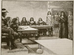 Titus Oates voor de Privy Council, illustratie uit Cassells Illustrated History of England