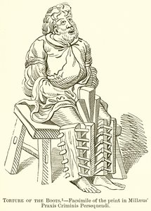 Marteling van de Laarzen.--Facsimile van de prent in Millaeus Praxis Criminis Persequendi