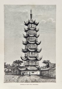 Toren van Long Hua, Shanghai, illustratie uit The Universal Geography, the Earth and its inhabitants, uitgegeven 1878 door English School
