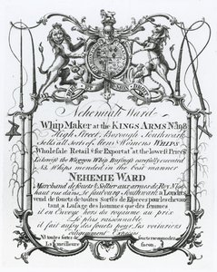 Handelskaart voor Nehemiah Ward, zweepmaker uit Southwark door English School