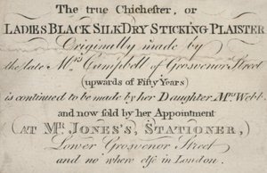 Handelskaart, de echte Chichester, of Ladies Black Silk Dry Sticking Plaister door English School