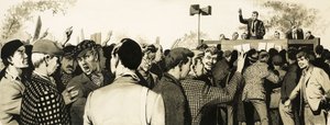 Vakbondsleden bij een openluchtbijeenkomst door English School