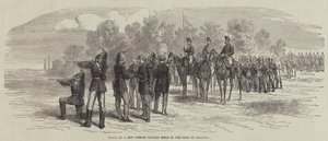 Proeven van een nieuw Frans cavaleriegeweer in het kamp van Chalons (gravure)