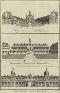 Trinity Almshouses in Mile End Road, Ironmongers Almshouses in Kingsland Road en de stallen van Zijne Majesteit in de Mews, Londen door English School