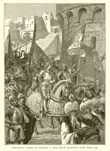 Triomfantelijke intocht van Richard I en Filips Augustus in Akko, 1191 door English School