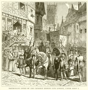 Triomfantelijke intocht van de katholieke bisschoppen in Londen, onder Maria I door English School