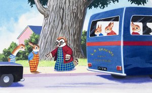 Tufty denkt na over het oversteken van de weg door English School