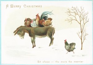 Kalkoen en kip op rug van ezel, kerstkaart