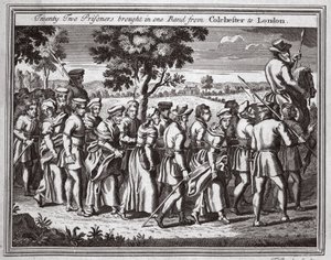 Tweeëntwintig gevangenen in één groep van Colchester naar Londen gebracht, illustratie uit Foxes Martelaren ca. 1703