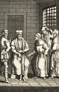 Twee Spaanse monniken praten met meneer Bradford, illustratie uit Foxes Martelaren ca. 1703
