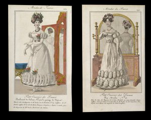 Twee modeplaten van dames in avondjurk, advertenties uit Modes de Paris, ca. 1825