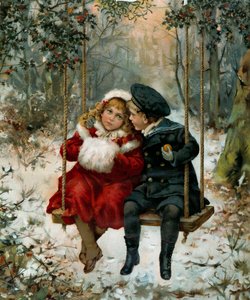 Twee kinderen op een schommel. De kleine jongen draagt een matrozenpak en het kleine meisje een mof. Omslag van Kerstmis 1905 