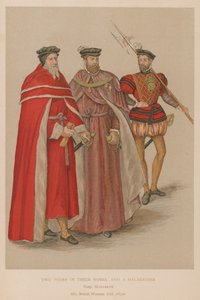 Twee edelen in hun gewaden en een hellebaardier in de Elizabethaanse tijd door English School