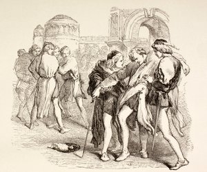 Tybalt wordt dodelijk gewond door Romeo, illustratie uit Romeo en Julia, uit 