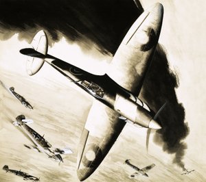 Ongeïdentificeerde Spitfire in luchtgevecht met Duitse jagers