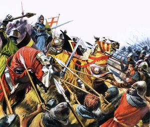 Ongeïdentificeerde gevechtsscène met gepantserde cavaleriepaarden tegen vijand met speren