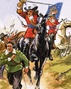 Ongeïdentificeerde cavalerist op het punt een rennende boer te slaan