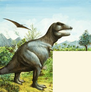 Ongeïdentificeerde dinosaurus scène met T Rex en Pterodactylus door English School
