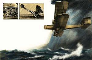 Ongeïdentificeerd vroeg tweedekker vliegtuig boven stormachtige zeeën door English School