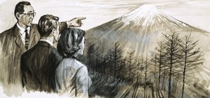 Onbekende man wijst naar de berg Fuji in Japan