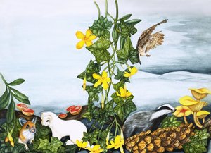 Ongeïdentificeerde planten en dieren, inclusief uil, das en wezel door English School
