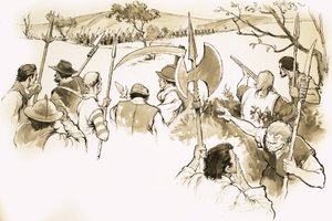 Ongeïdentificeerde scène van boeren tegenover een leger