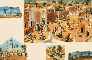 Ongeïdentificeerde scènes van Egypte, inclusief het oude Egypte en piramides door English School