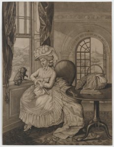 Zonder titel (vrouw zittend bij een raam kijkend naar een kleine hond), ca.1780 door English School