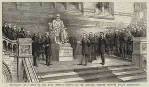 Onthulling van het standbeeld van wijlen Charles Darwin in het Natural History Museum, South Kensington door English School