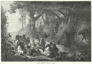Boven Amazones - Dinerende Indianen (gravure) door English School