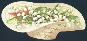 Omgekeerde hoed gevuld met bloemen, Nieuwjaarskaart