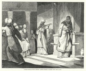 Uzzia getroffen door melaatsheid na het branden van wierook op het altaar (gravure) door English School
