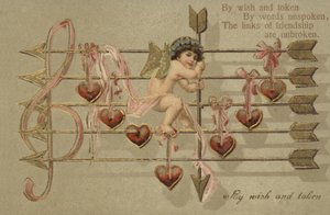 Valentijnskaart met Cupido, pijl en muzieknoten door English School