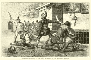 Verslagen gladiator in de arena smeekt het volk om zijn leven door English School