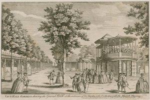 Vauxhall Gardens, Londen, met de Grote Wandelgang bij de ingang van de tuin en het Orkest, met de muziek spelend door English School