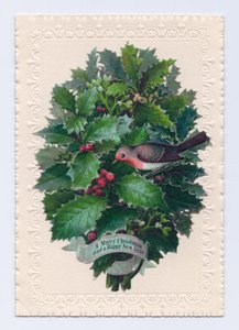 Victoriaanse kerst- en nieuwjaarskaart van een roodborstje in een boeket hulstbladeren, ca. 1880 door English School
