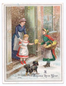 Victoriaanse nieuwjaarskaart van een dienstmeisje dat een klein meisje vasthoudt terwijl ze bloemen koopt van een bloemenverkoper in de vallende sneeuw, ca. 1880