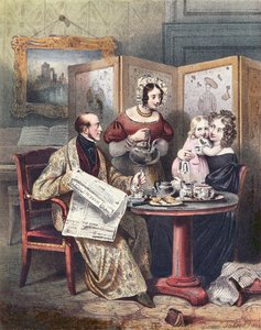 Victoriaanse familie aan het ontbijt, ca. 1840 door English School