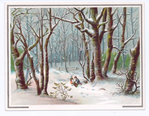 Victoriaanse wenskaart van twee kinderen die takken verzamelen in de sneeuw, ca. 1880